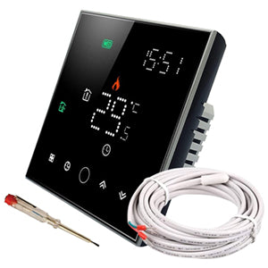 Black Glass WiFi Electric Thermostat Touchscreen Control Compatible with Mobile App, Alexa, Google Home Temperature Sensor for Floor Heating