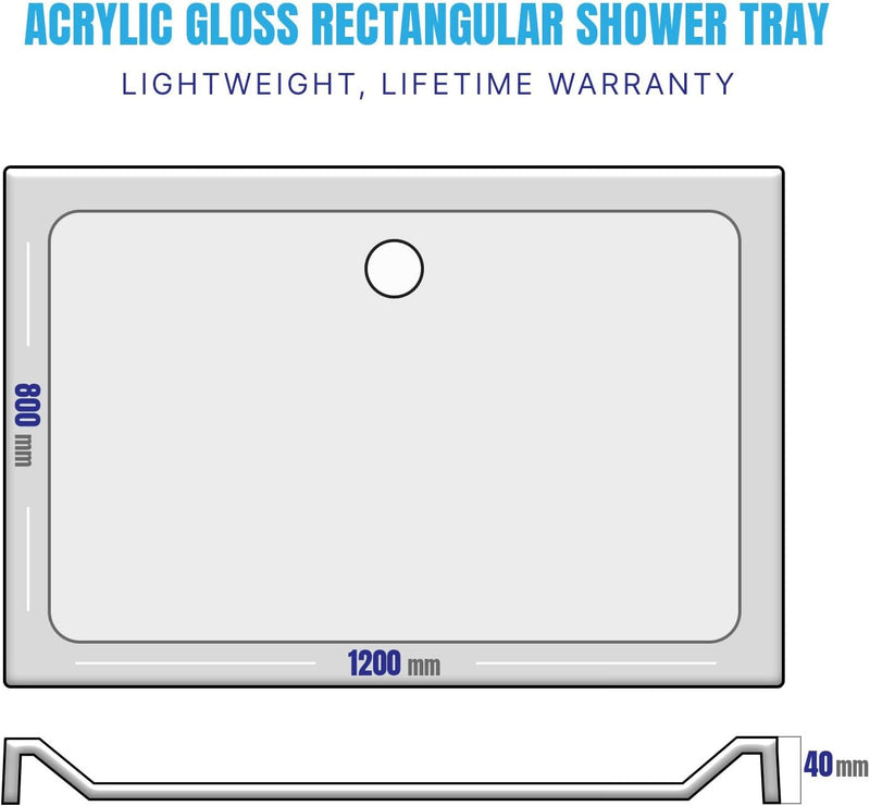 Acrylic Gloss White Rectangular Shower Tray 40mm Light Weight, Life Time Warranty