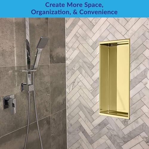 Nassboards Shower Niche Metal, Waterproof Shelving Unit, Brass Colour