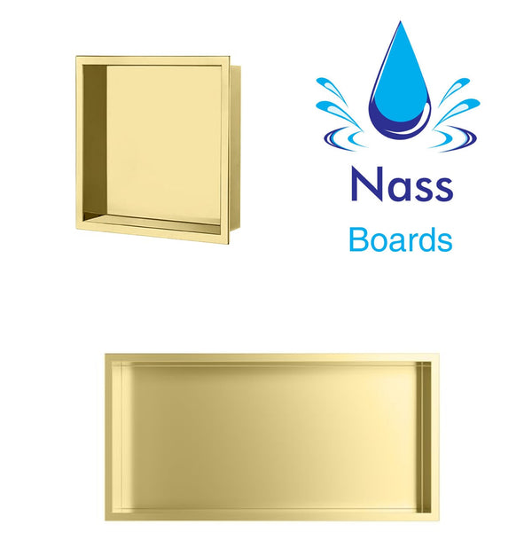 Nassboards Shower Niche Metal, Waterproof Shelving Unit, Brass Colour