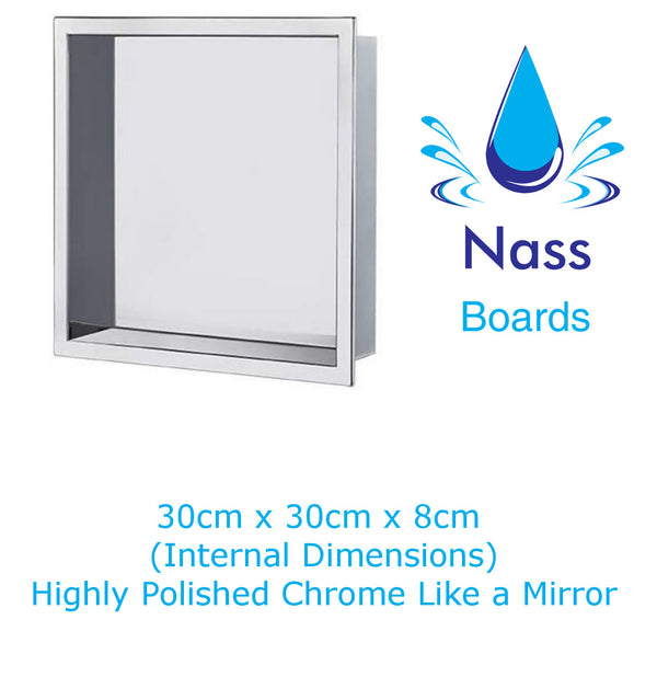 Nassboards Shower Niche Metal, Waterproof Shelving Unit, Polished Chrome