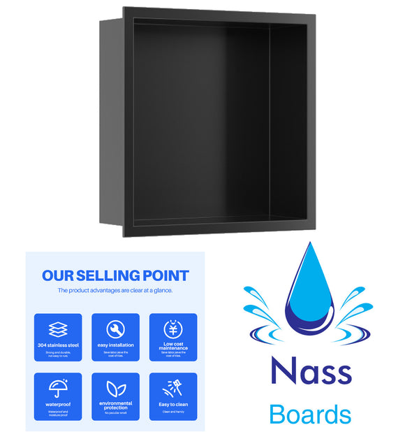 Nassboards Shower Niche Metal, Waterproof Shelving Unit, Matt Black