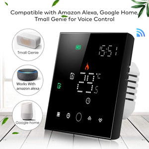 Black Glass WiFi Electric Thermostat - Touchscreen Control Compatible with Mobile App, Alexa, Google Home - Temperature Sensor for Floor Heating - Installation Kit Included